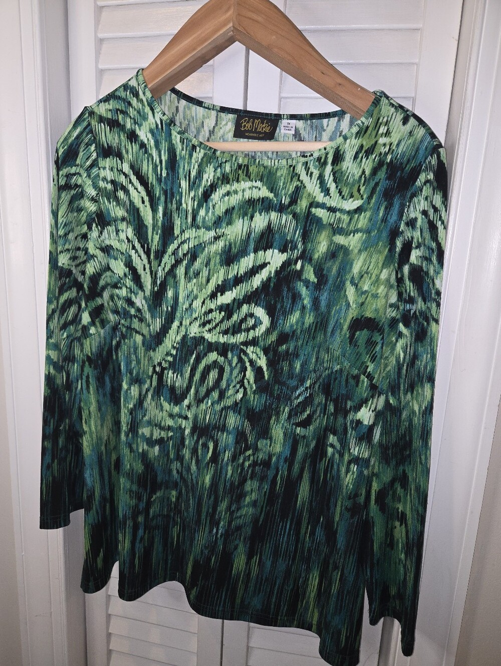 Bob Mackie Wearable Art Top 1X Green Ombre Tropical Pattern Jersey Top *Good Con